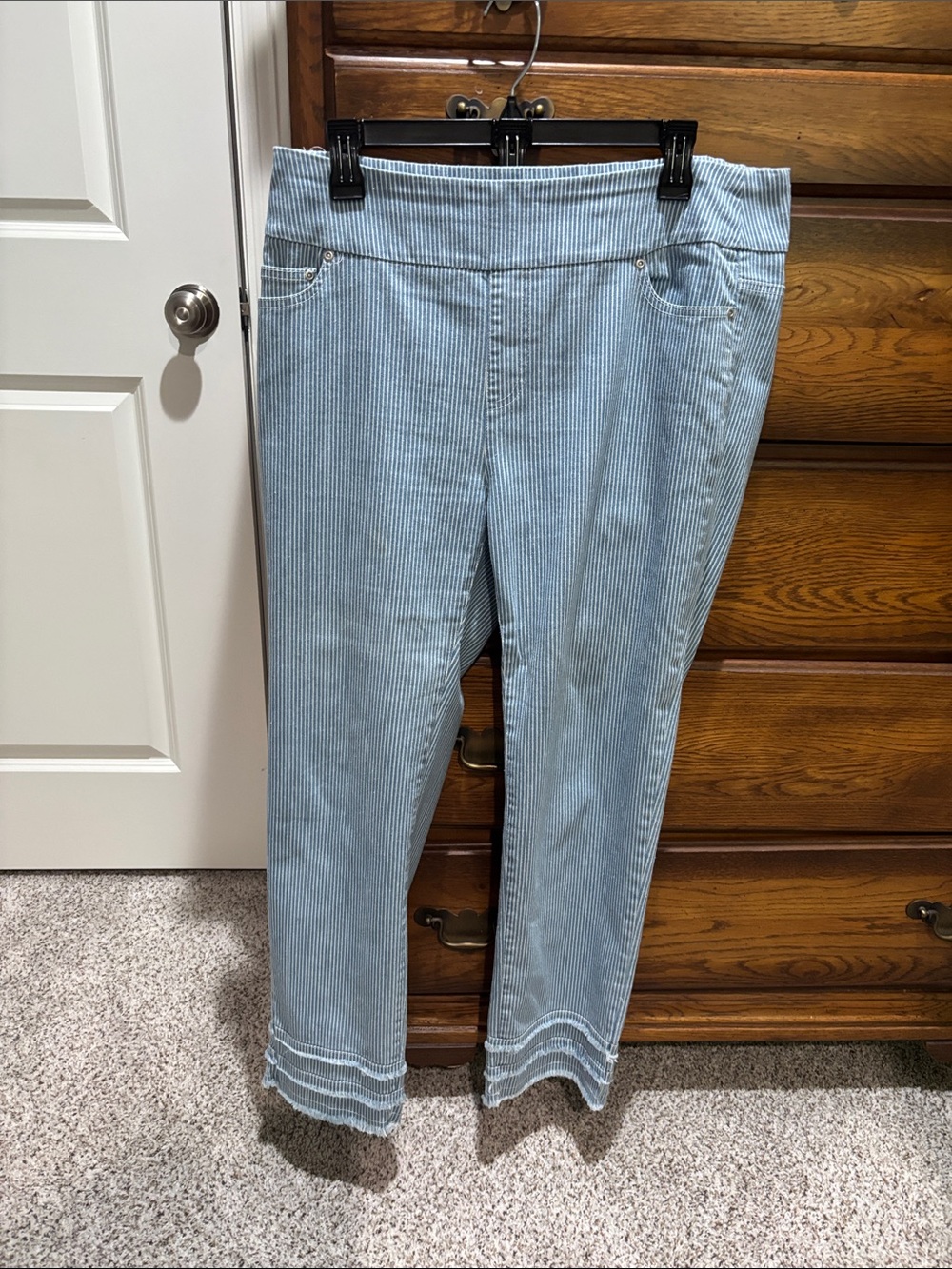 Striped Light Blue Ankle Jeans with Decorative Hem
